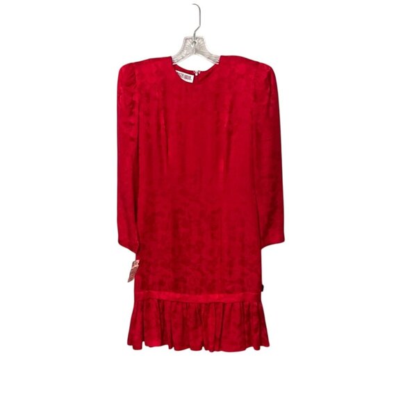 Vtg Maggy London Petites Red Floral Silk Long Sleeve Dress Size 4 Ruffle Hem New - Picture 1 of 8